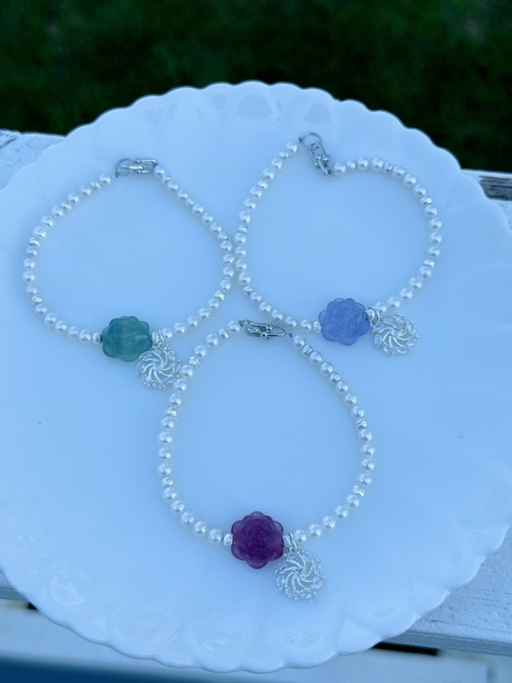 26B339 Handmade Freshwater Baby Pearl Bracelet Fluorite Flower  7”